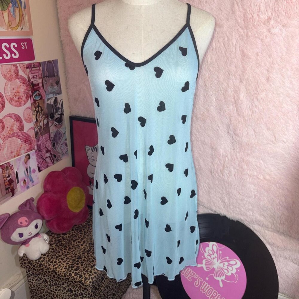 Blue heart slip dress with black velvet hearts